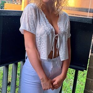 Tie Front White Satin Leopard Print Top